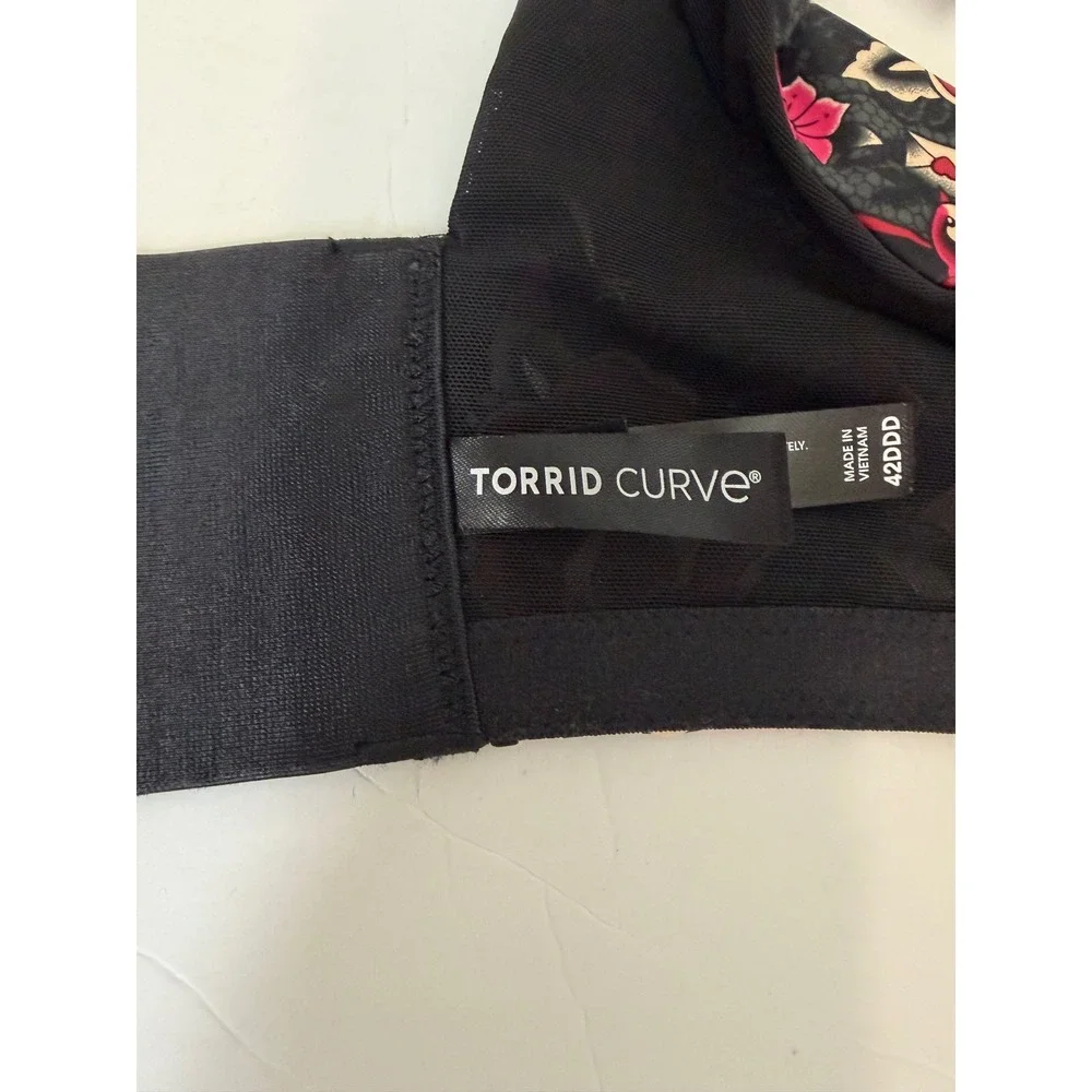 Torrid Curve XO‎ Plunge Push-Up Smooth Bra Sz 42DDD Black Red Rose Tattoo Floral